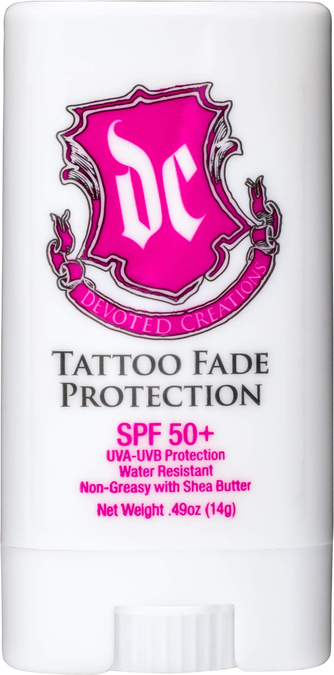 Devoted Creations tattoo fade protection stick with SPF 50+ and pink-blue cap.