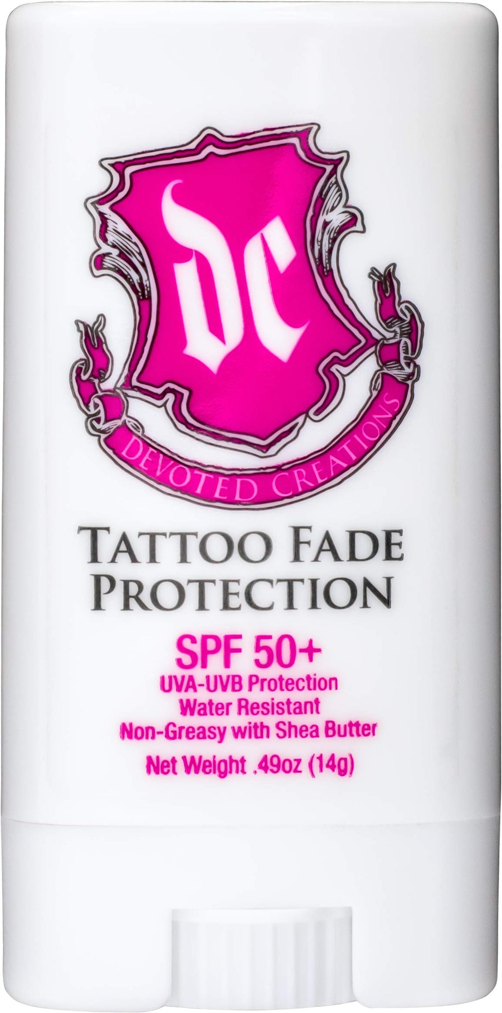 Devoted Creations tattoo fade protection stick with SPF 50+ and pink-blue cap.