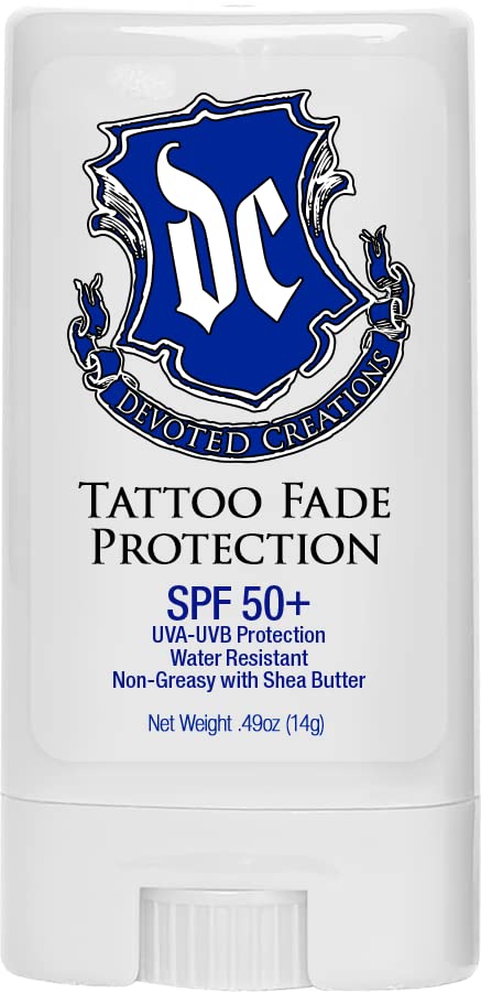 Devoted Creations tattoo fade stick close-up showing shea butter formula.