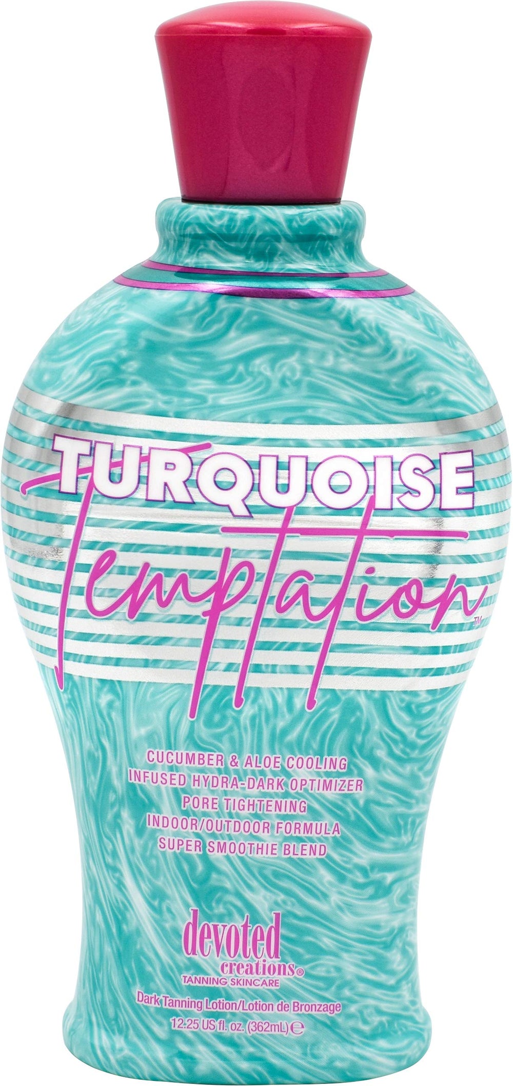 Devoted Creations Turquoise Temptation bottle front highlights sleek design for easy indoor tanning.