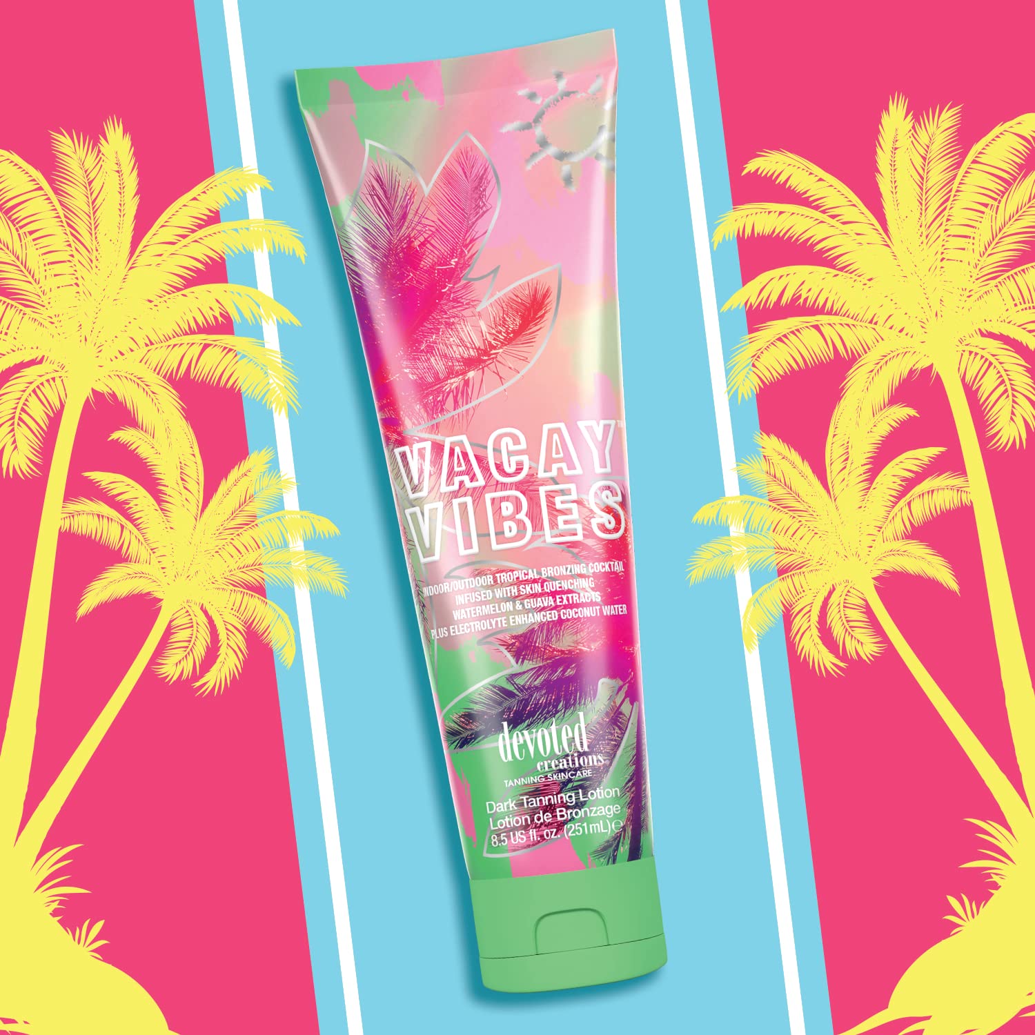 Devoted Creations Vacay Vibes Island Escape fragrance label for mood-enhancing tanning sessions