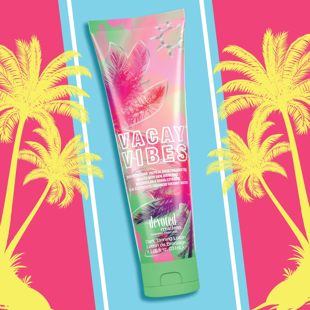 Devoted Creations Vacay Vibes Island Escape fragrance label for mood-enhancing tanning sessions