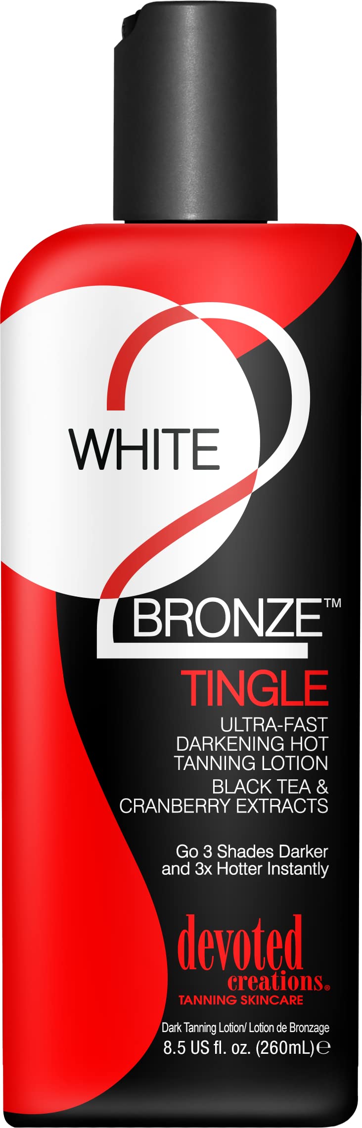 Devoted Creations White 2 Bronze tingle lotion bottle provides fast dark tanning with hydration.