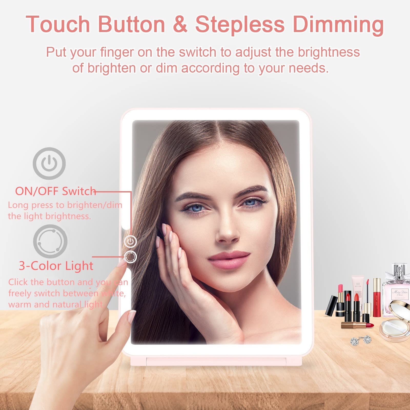 deweisn mirror touch-dimming panel enables precise brightness control for makeup.