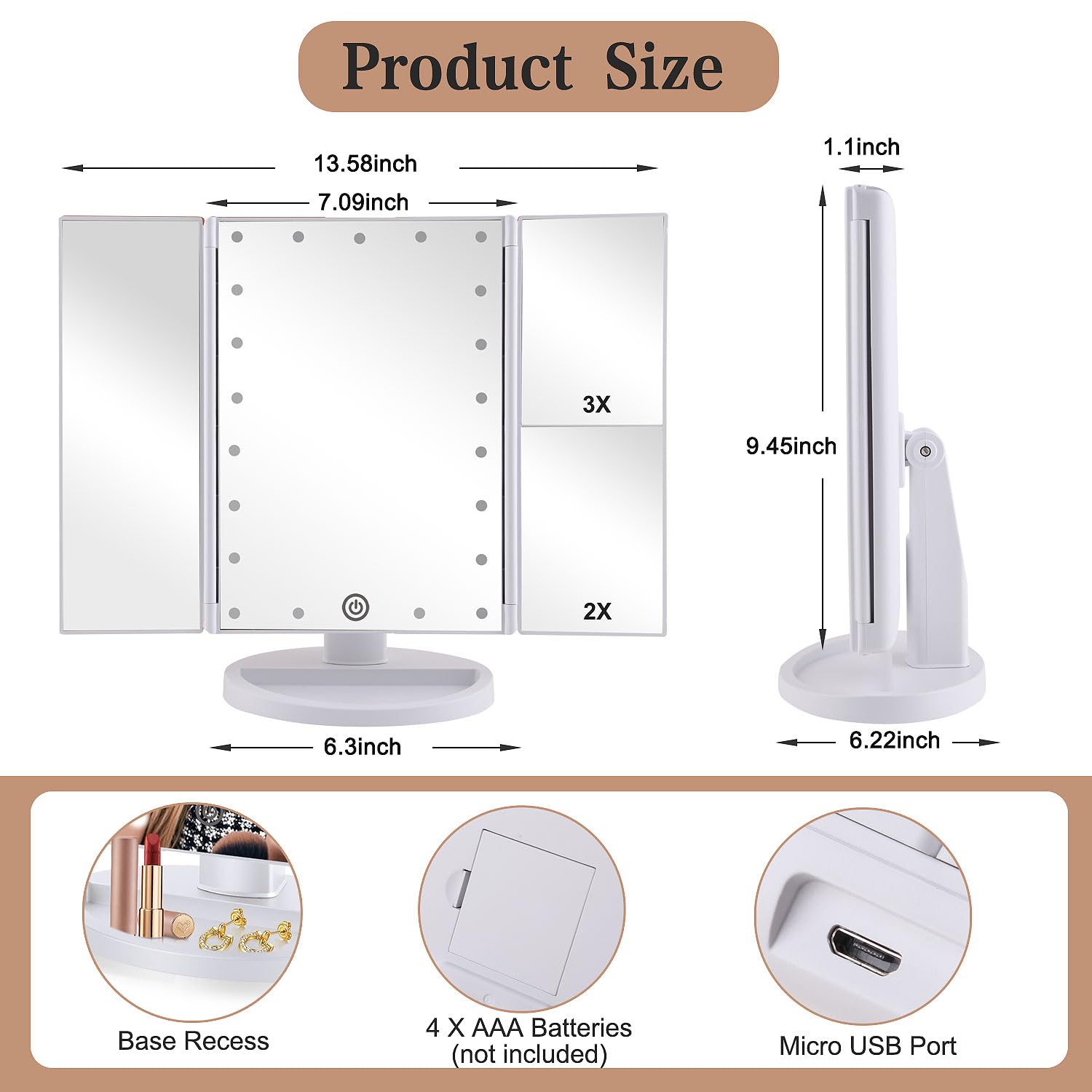 deweisn tri-fold vanity mirror 180-degree swivel for flexible viewing