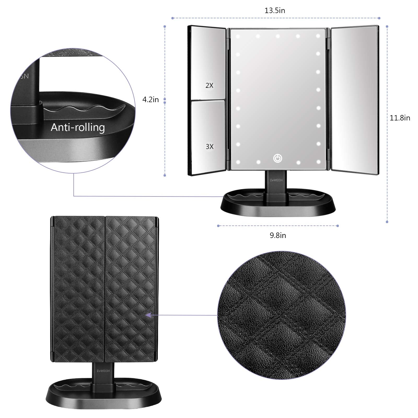 Deweisn vanity mirror 1x magnification aids precise makeup detailing.