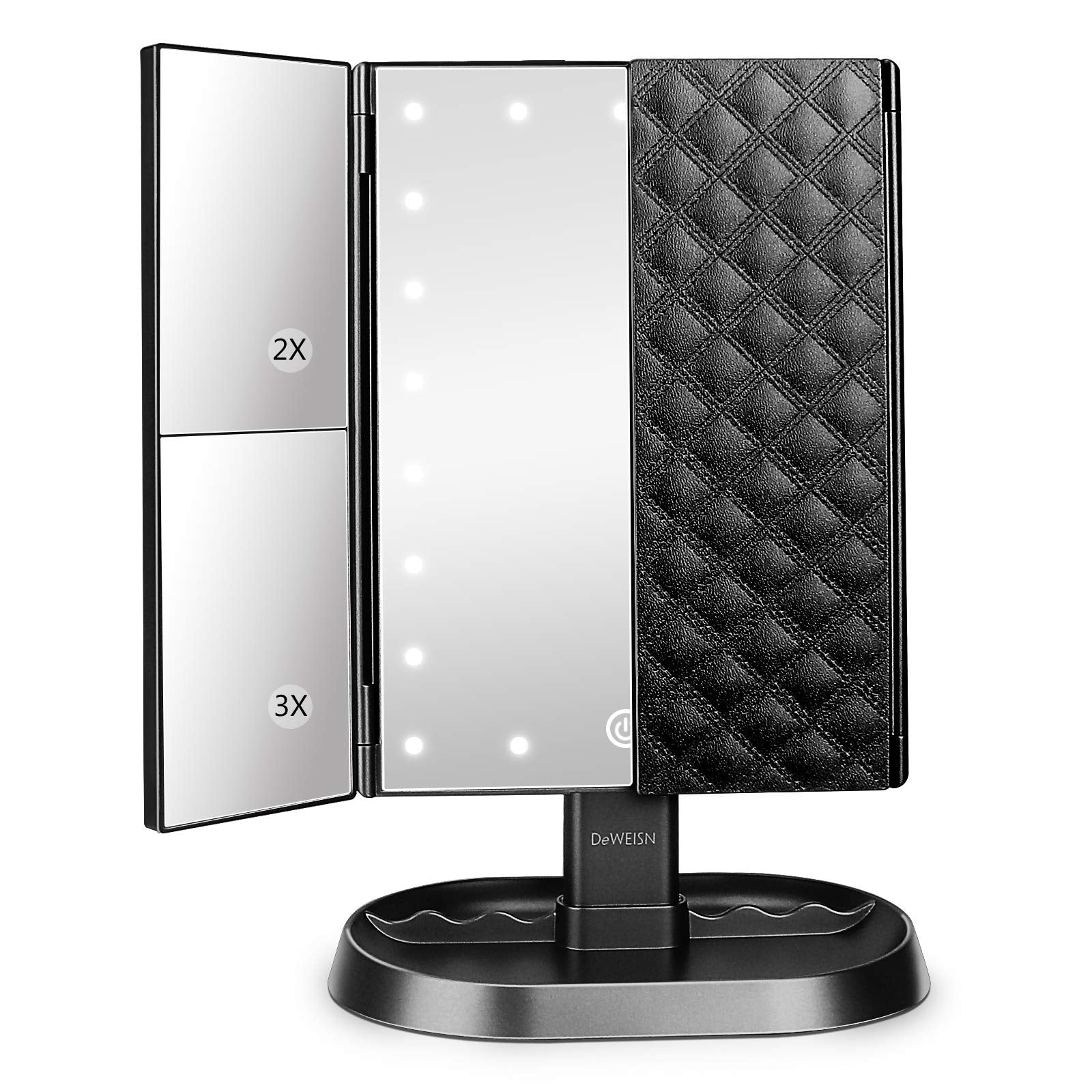 Deweisn trifold vanity mirror with 21 LEDs for natural makeup lighting.