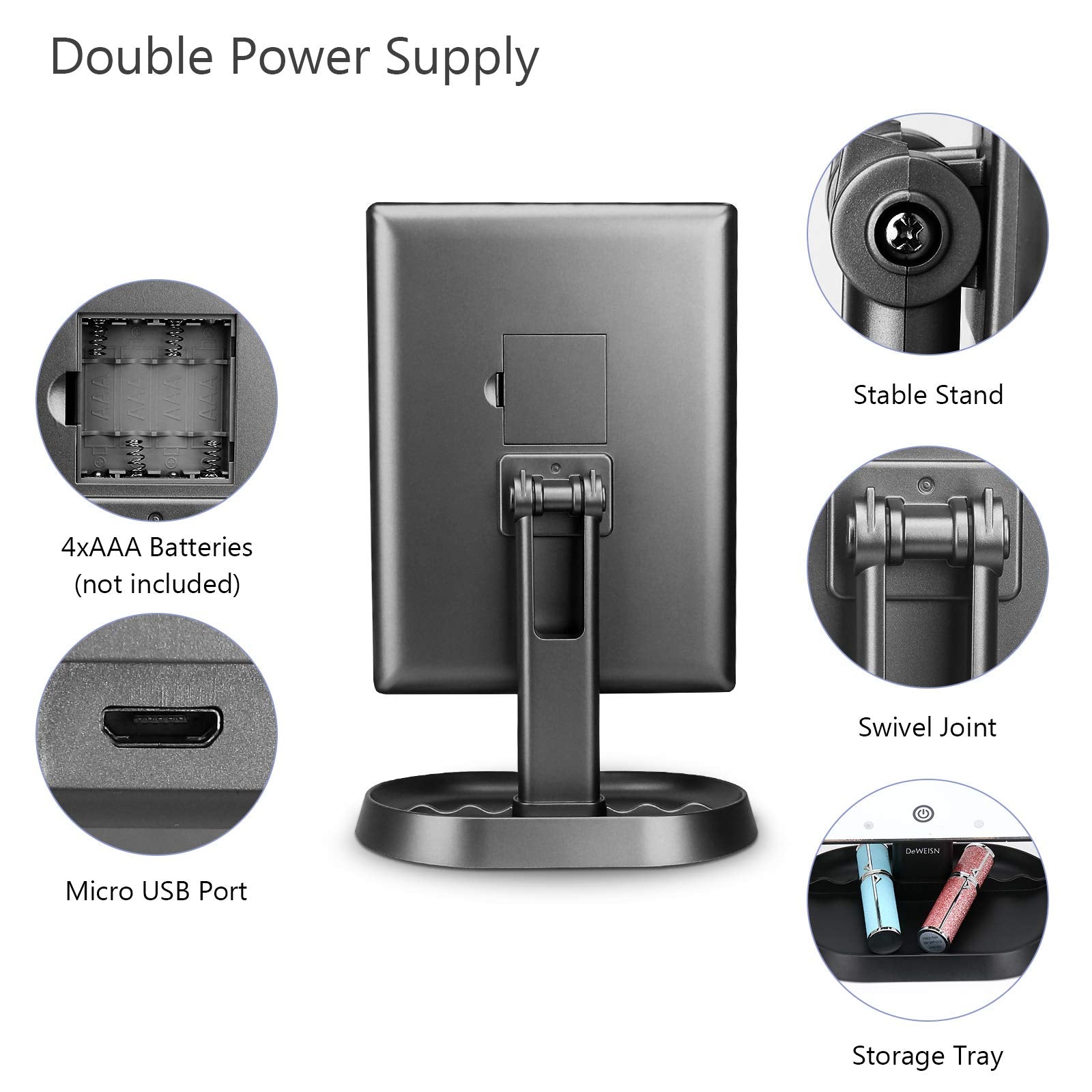 Deweisn vanity mirror 2x magnification enables sharper brows and eye detail.