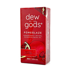 Dew Of The Gods Pomeglaze bottle glistening with oil for nighttime skincare