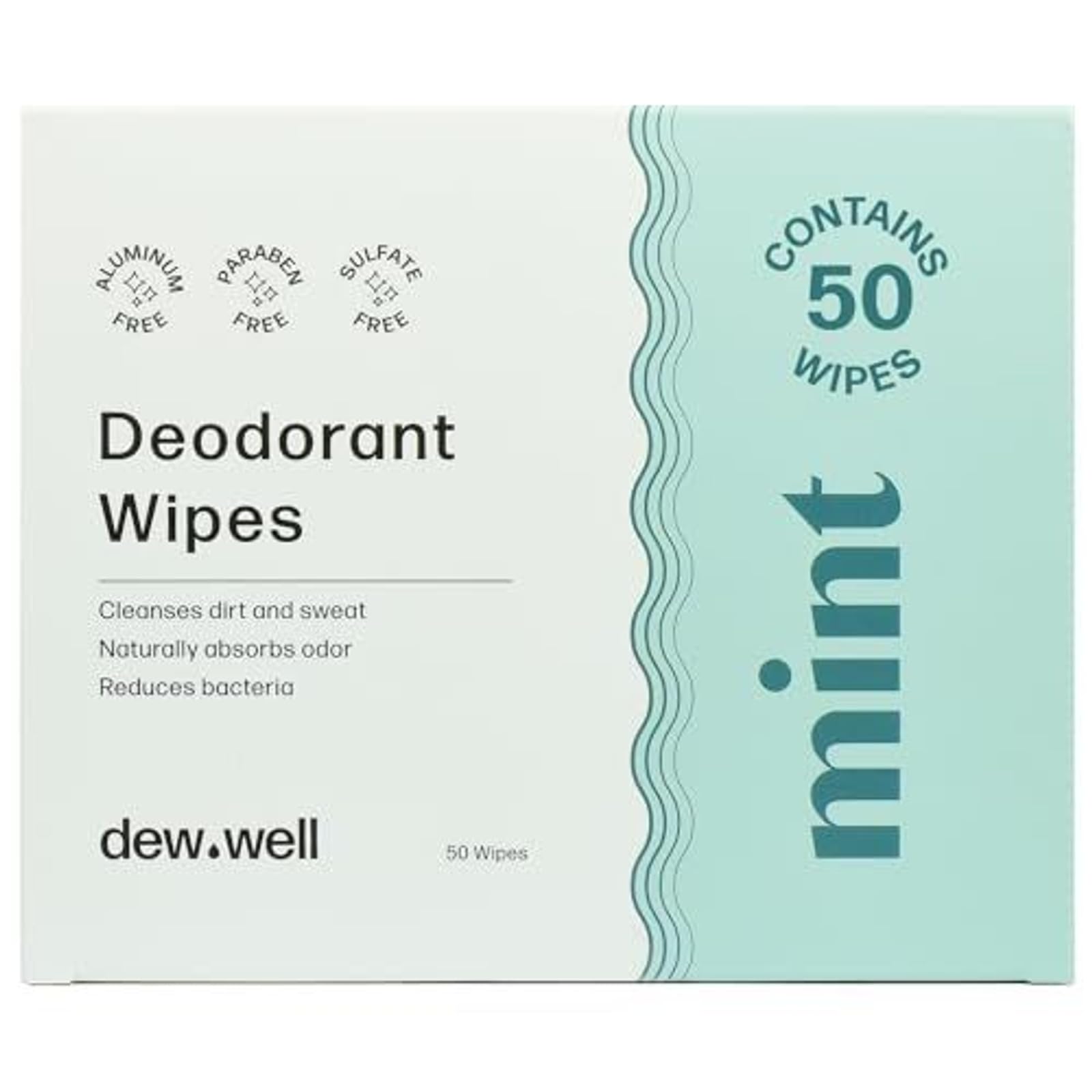Dew Well mint packaging highlights travel-ready deodorant wipes for on-the-go freshness.