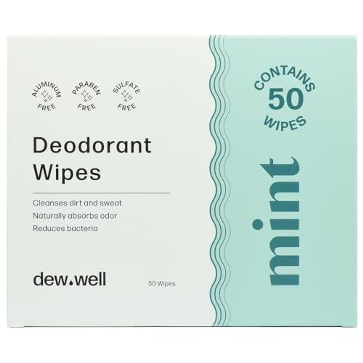Dew Well mint packaging highlights travel-ready deodorant wipes for on-the-go freshness.