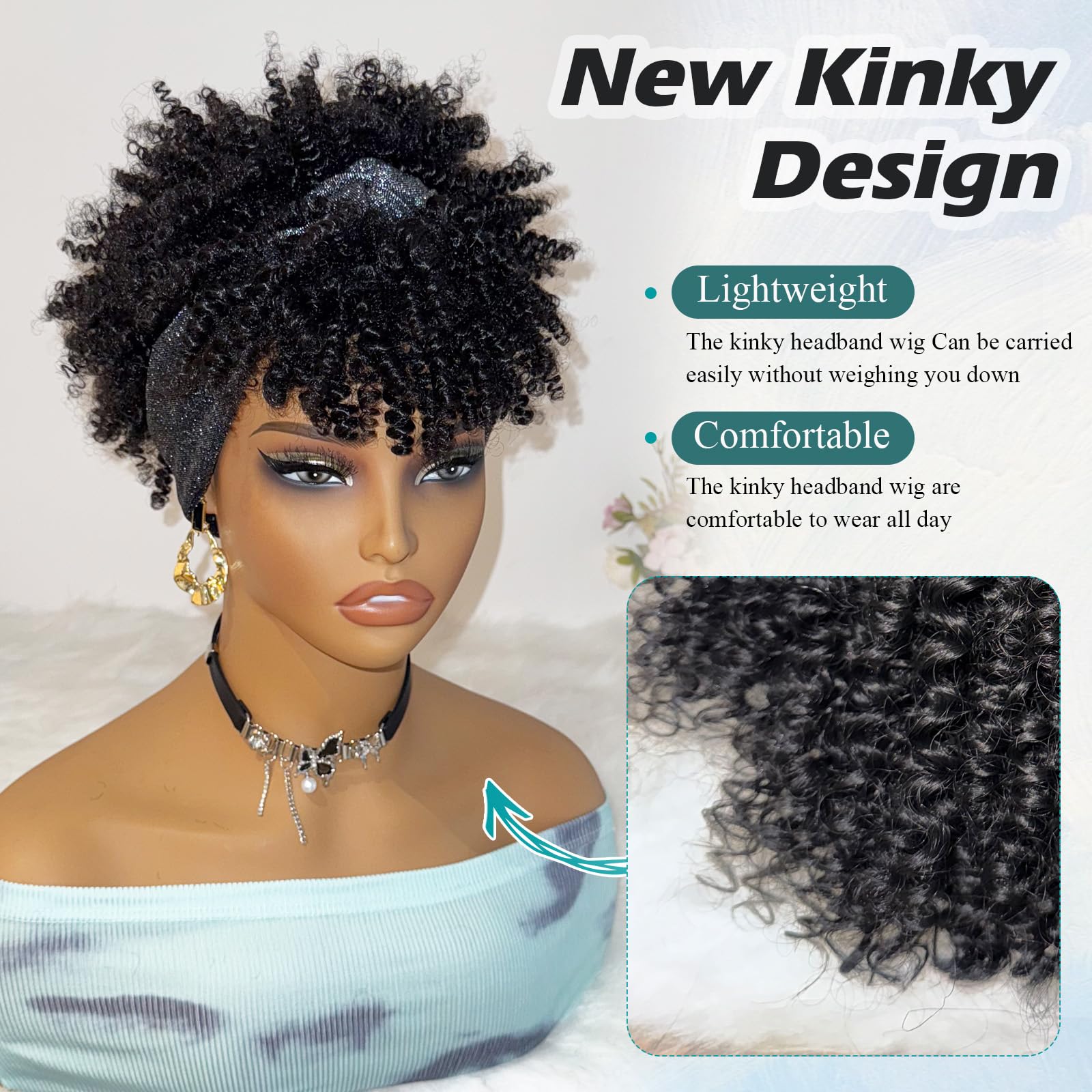 DEYNGS headband wig side view shows voluminous Afro puff with bangs