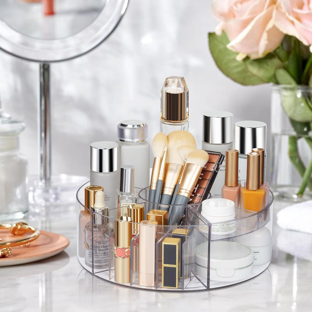 Dezzer 10in clear lazy Susan showcases skincare bottles within reach.