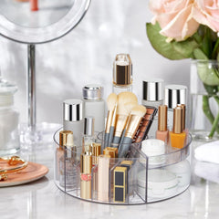 Dezzer 10in clear lazy Susan showcases skincare bottles within reach.