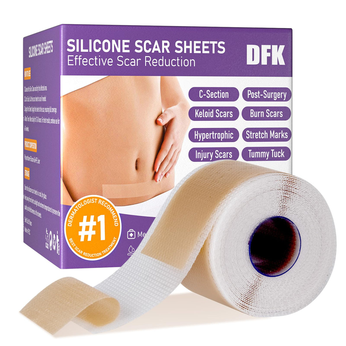 DFK silicone scar sheets roll closeup for gentle, hydrated scar care.
