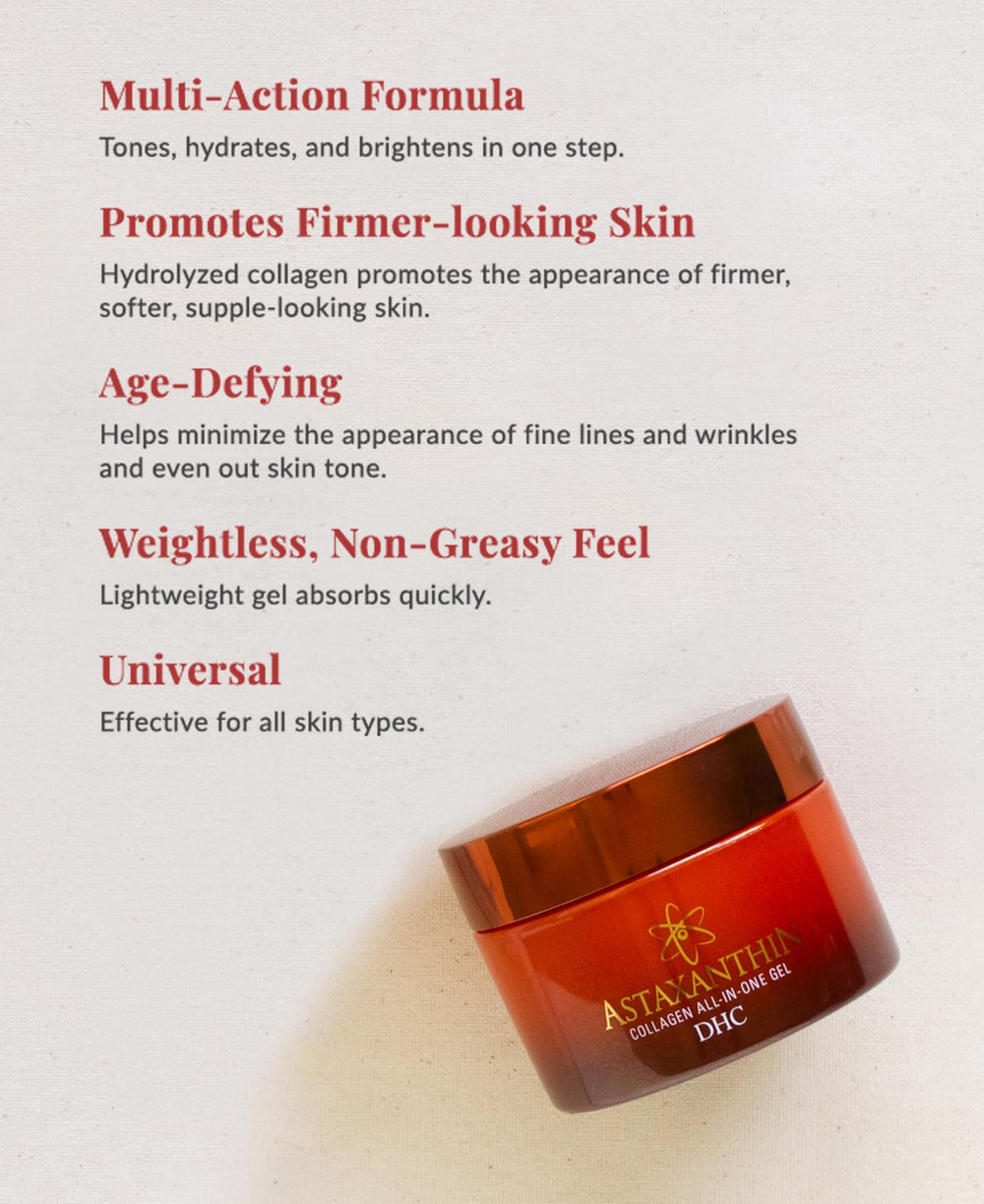 DHC Astaxanthin Collagen Gel label close-up noting fragrance- and colorant-free formula.