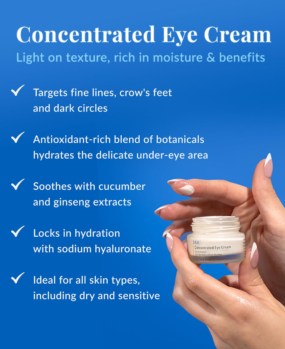 DHC Concentrated Eye Cream packaging highlights fragrance-free formula for sensitive skin