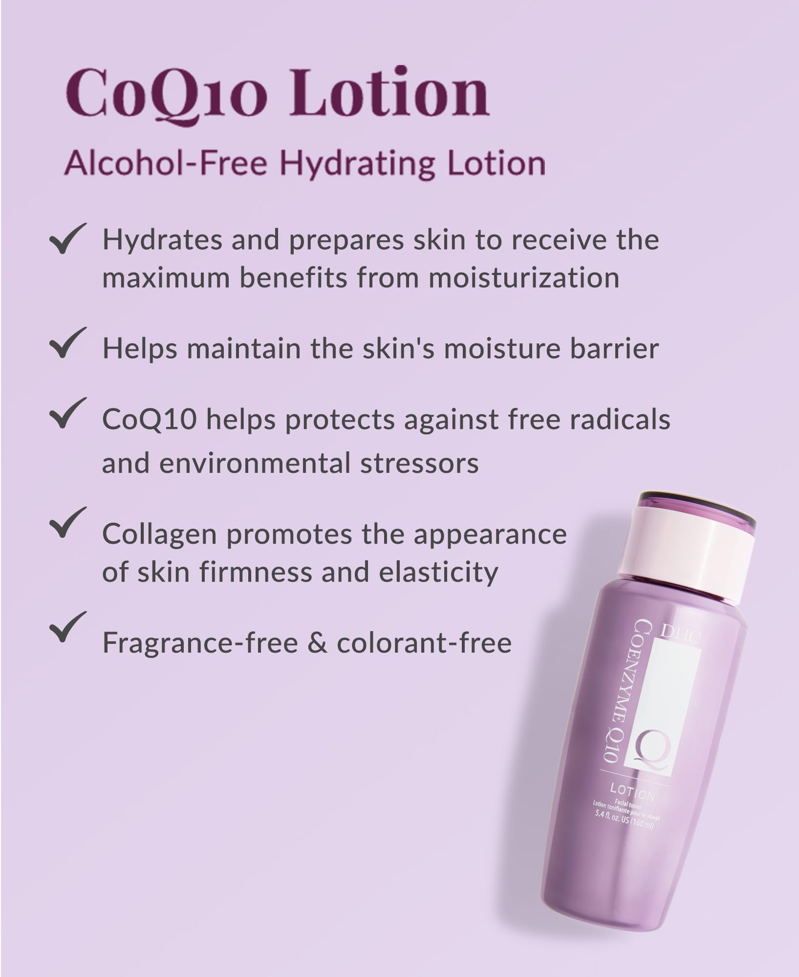 DHC CoQ10 Lotion application shot emphasizing fast absorption and refreshing feel.