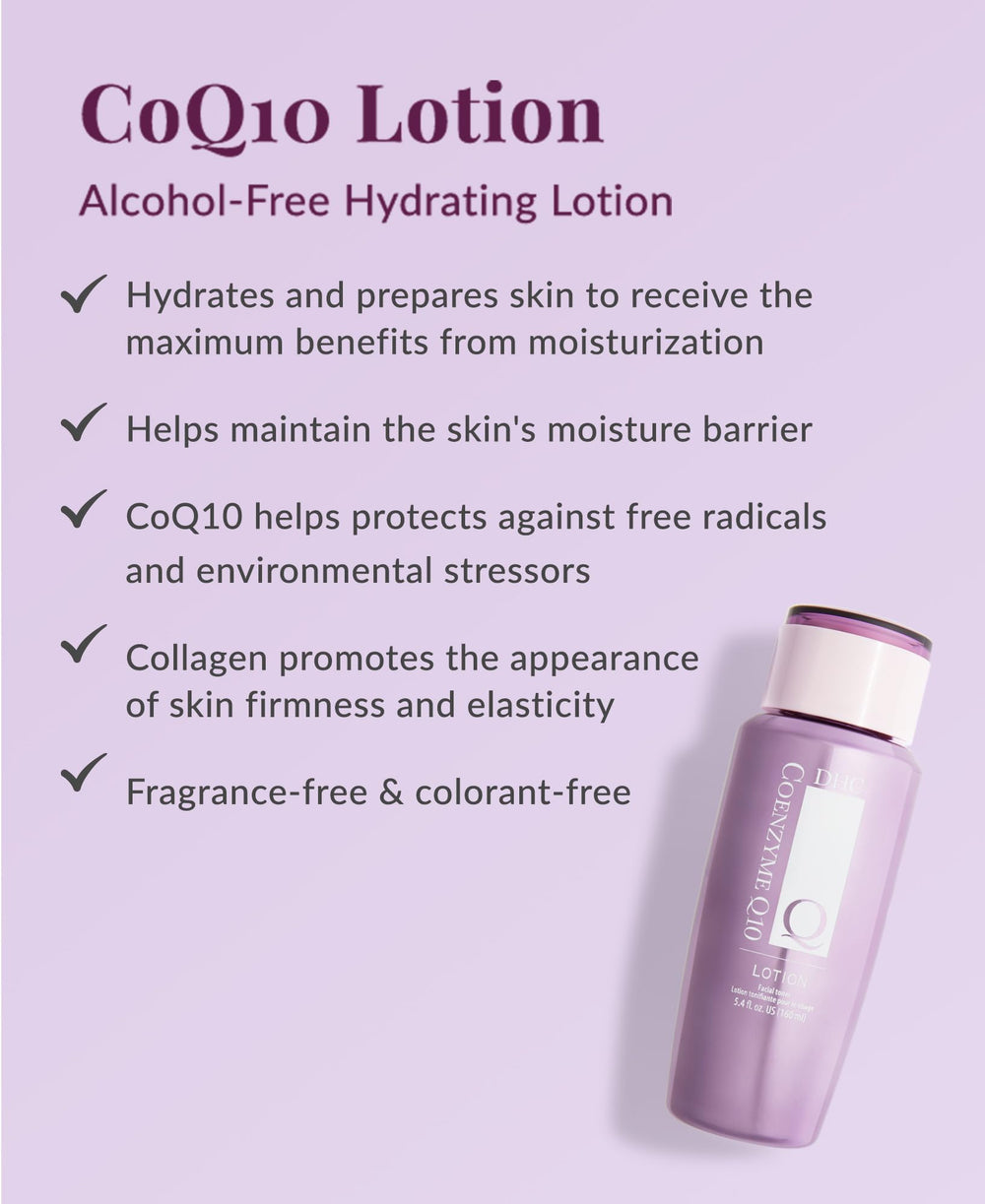 DHC CoQ10 Lotion application shot emphasizing fast absorption and refreshing feel.