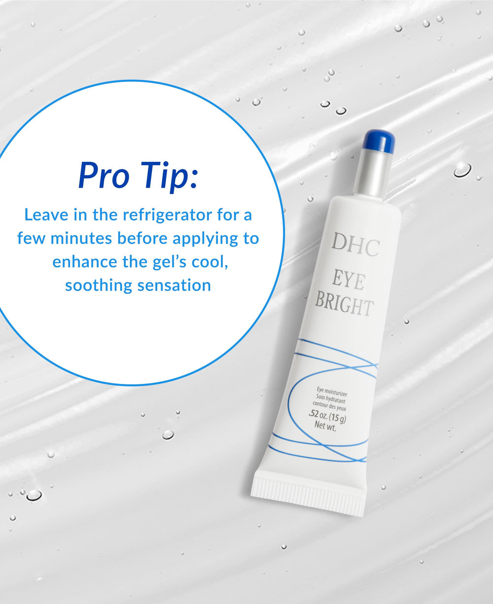 DHC Eye Bright undereye absorption closeup depicts lightweight gel settling quickly.