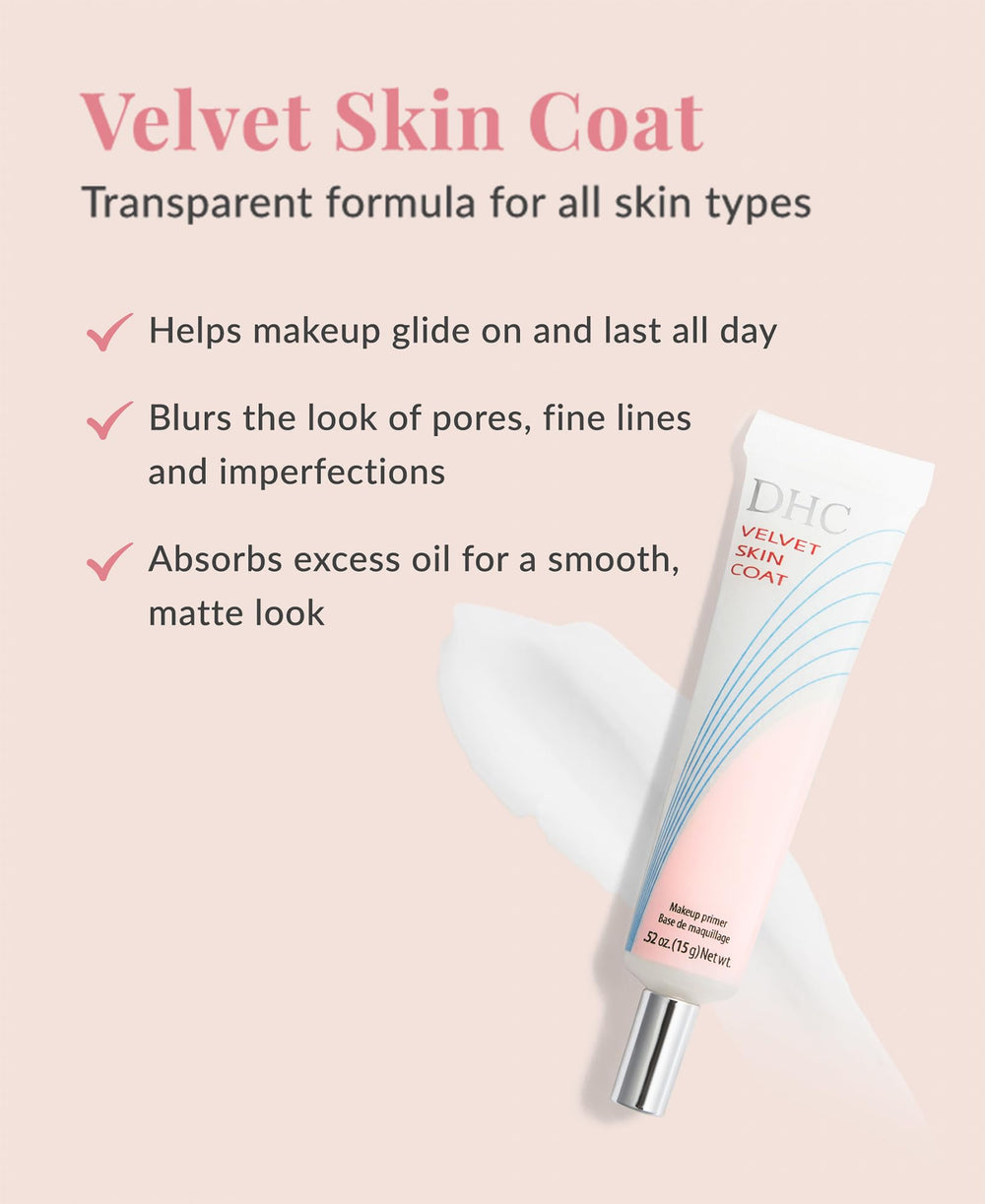 DHC Velvet Skin Coat texture close-up showing velvet-smooth application and clear formula suitable for any complexion.