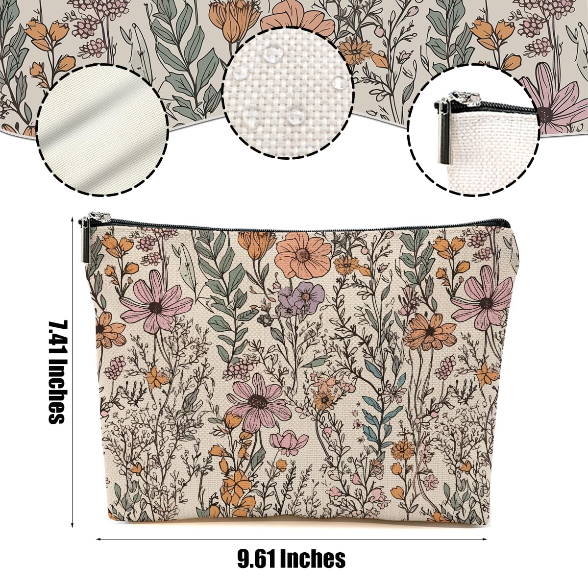 DHKG Secret Santa makeup bag floral detail side view, colorful durable linen.