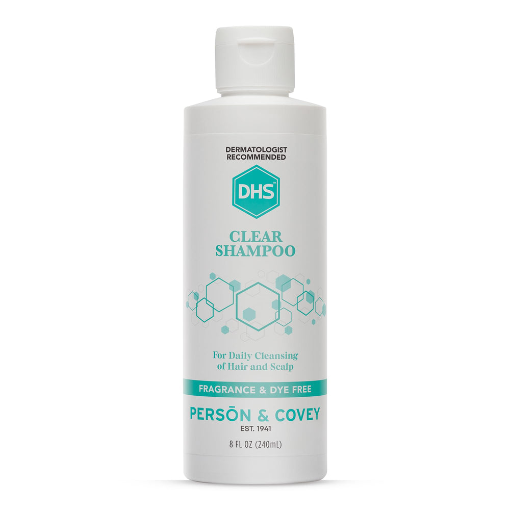 DHS Clear Shampoo bottle displaying unscented formula ideal for sensitive skin.