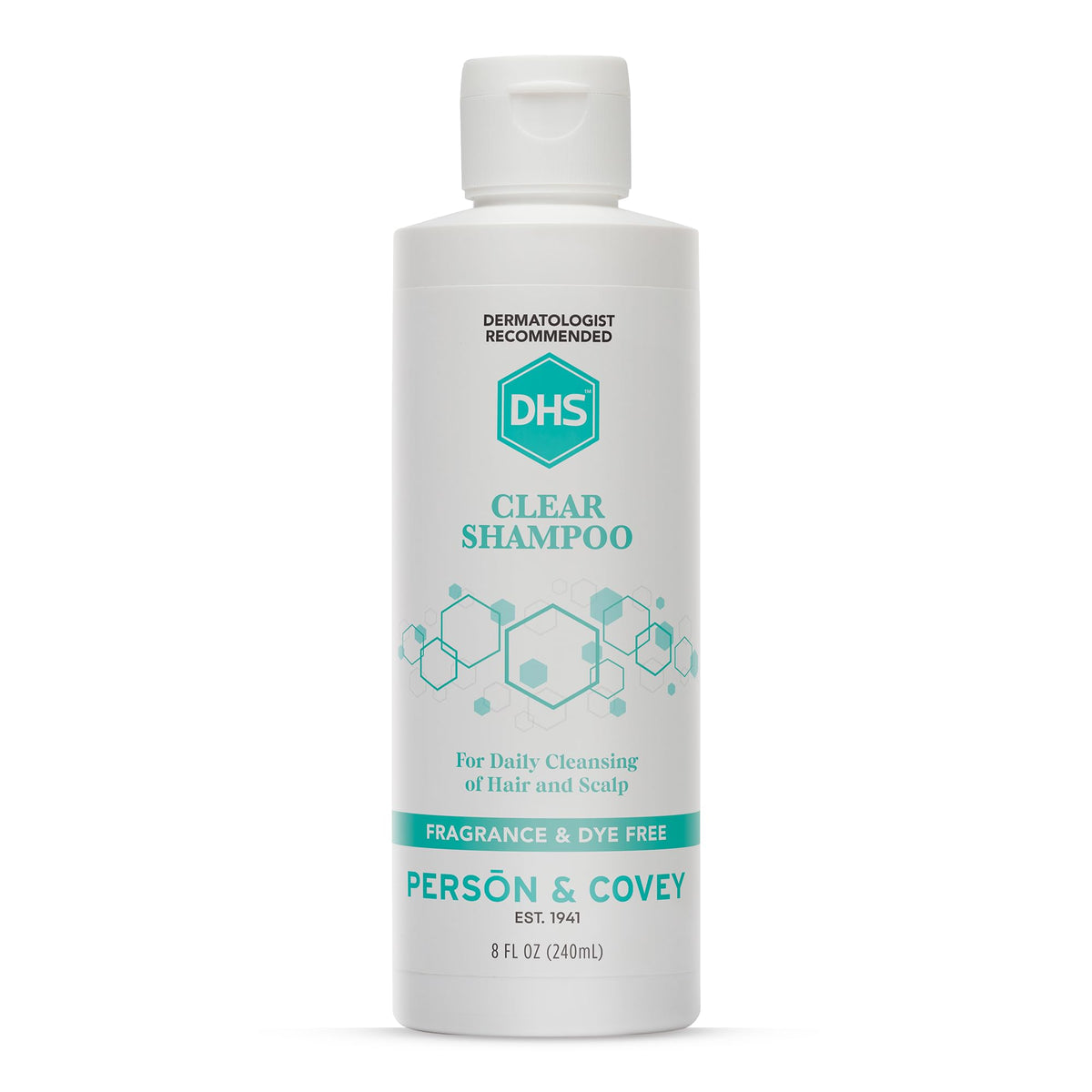 DHS Clear Shampoo bottle displaying unscented formula ideal for sensitive skin.