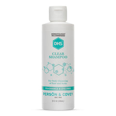 DHS Clear Shampoo bottle displaying unscented formula ideal for sensitive skin.