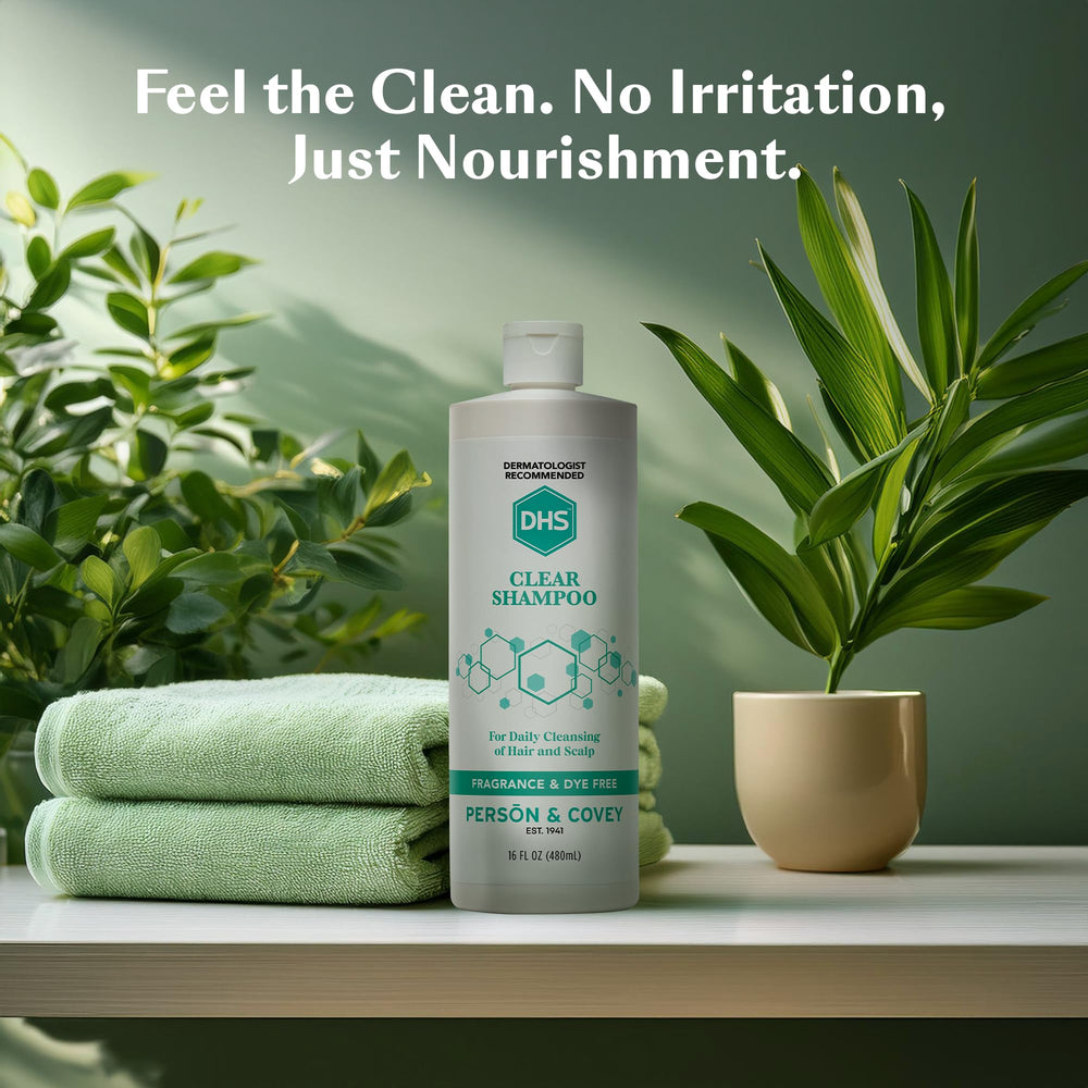 DHS Clear Shampoo note references dermatologist-recommended, balanced cleansing