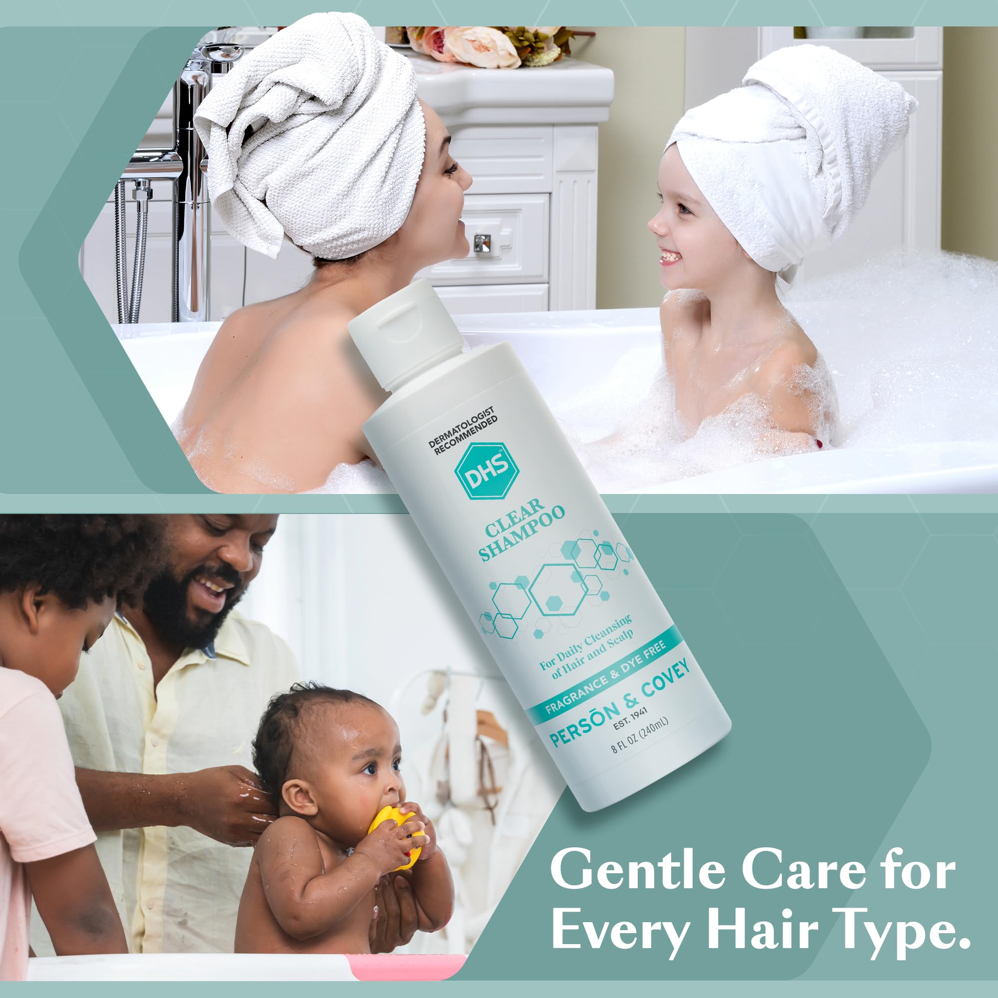 DHS Clear Shampoo ingredients-free packaging emphasizes paraben-free, dye-free, fragrance-free care.