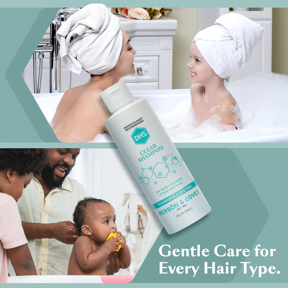 DHS Clear Shampoo ingredients-free packaging emphasizes paraben-free, dye-free, fragrance-free care.