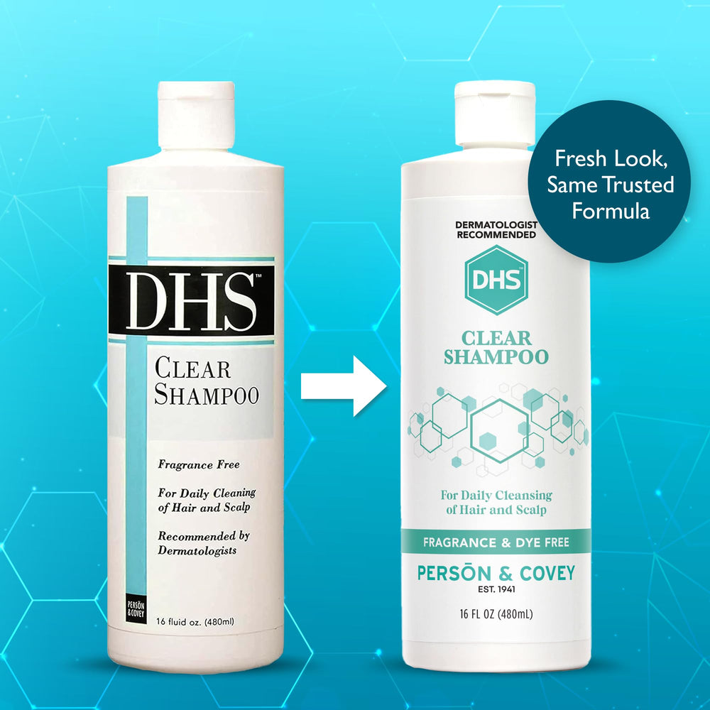 DHS Clear Shampoo label closeup highlights fragrance-free, sulfate-free formulation