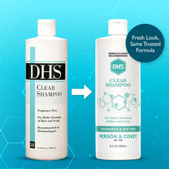 DHS Clear Shampoo label closeup highlights fragrance-free, sulfate-free formulation