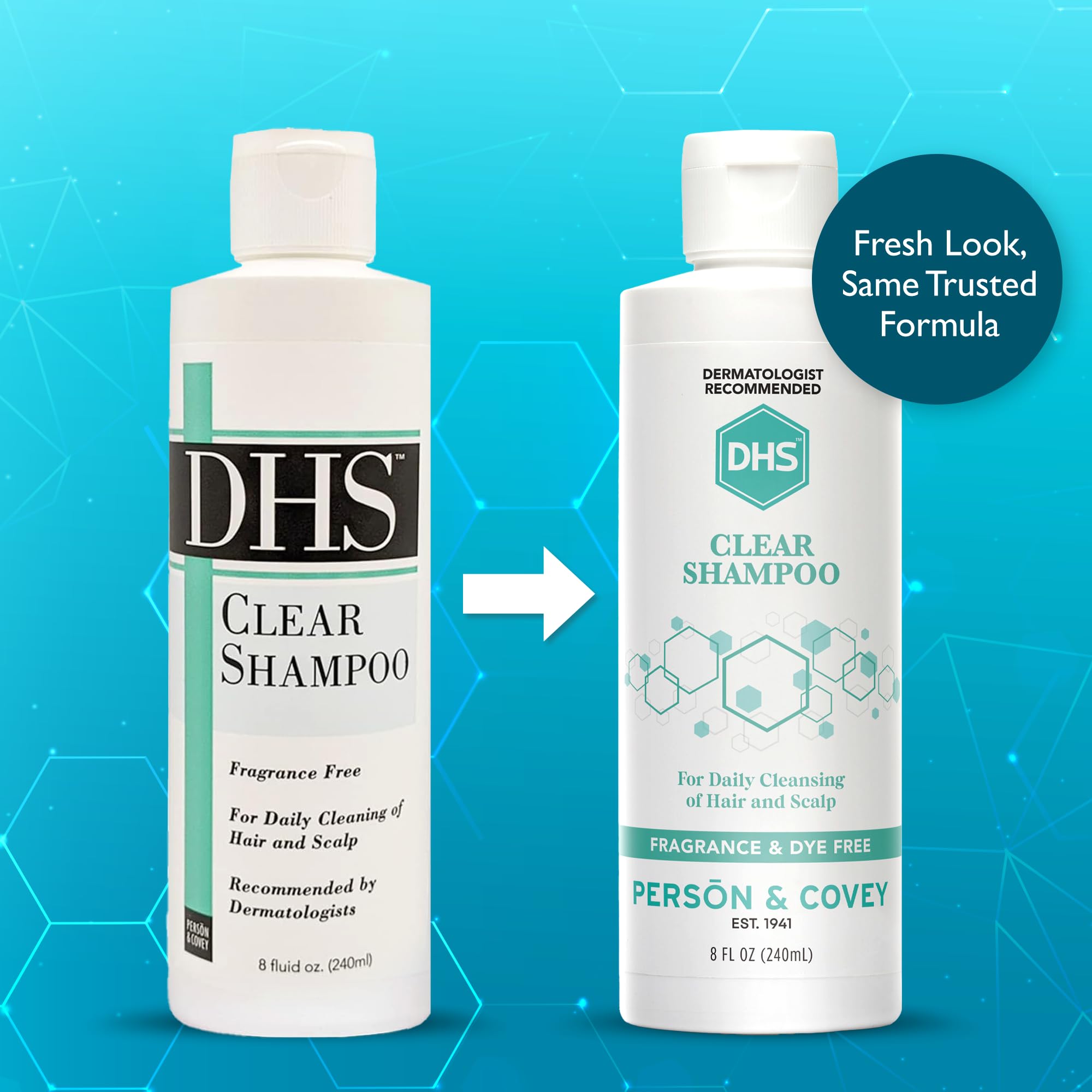 DHS Clear Shampoo label highlights fragrance-free and irritant-free formulation for gentle cleansing.