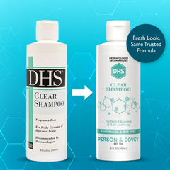DHS Clear Shampoo label highlights fragrance-free and irritant-free formulation for gentle cleansing.