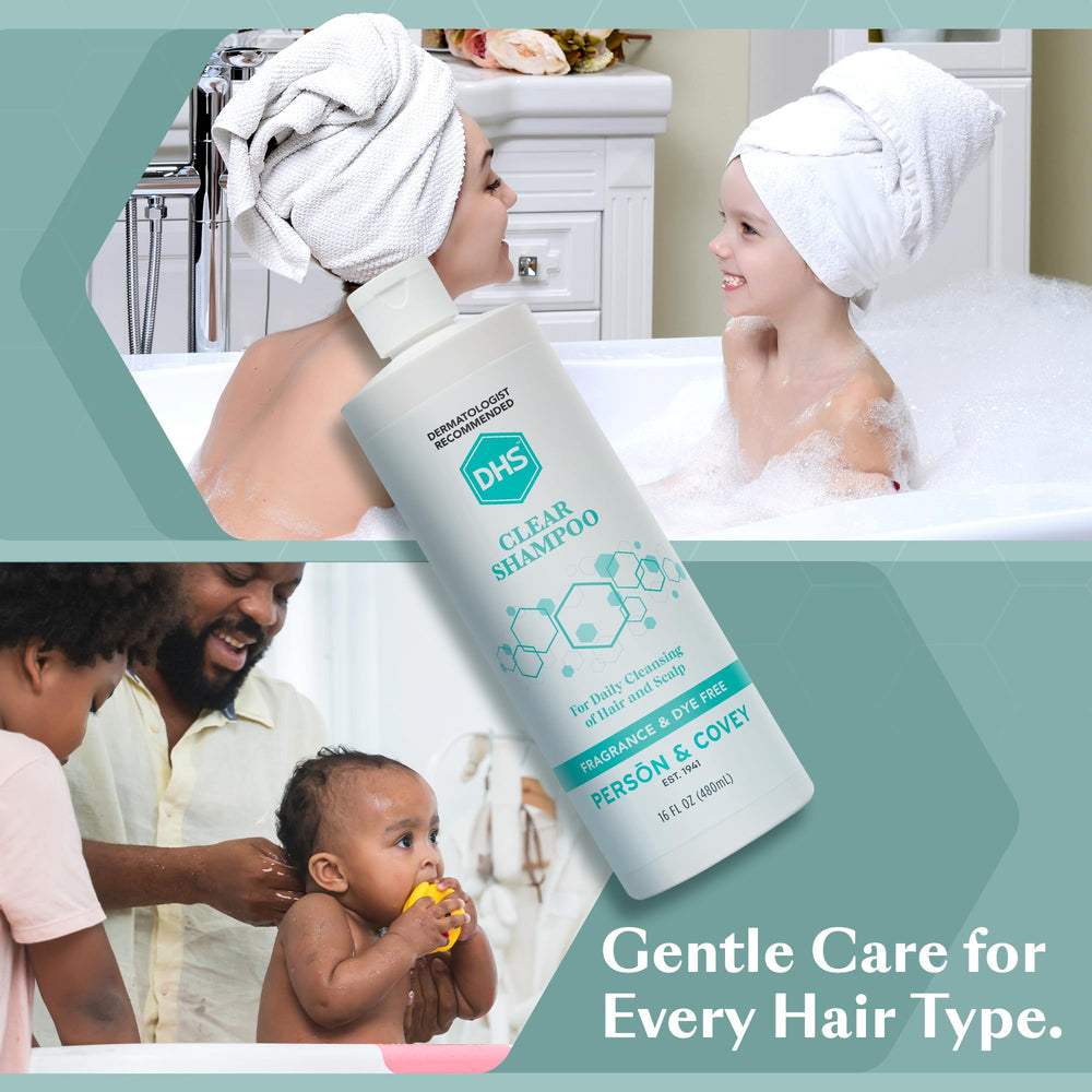DHS Clear Shampoo packaging emphasizes a long-lasting 16oz bottle