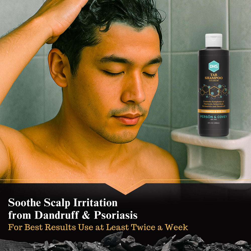 DHS Coal Tar Shampoo application on wet hair demonstrates even distribution.