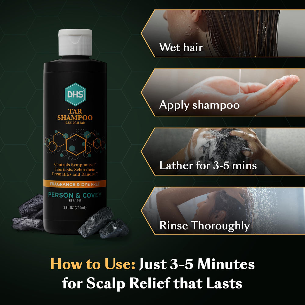 DHS Coal Tar Shampoo detailed label emphasizes fragrance-free formula.