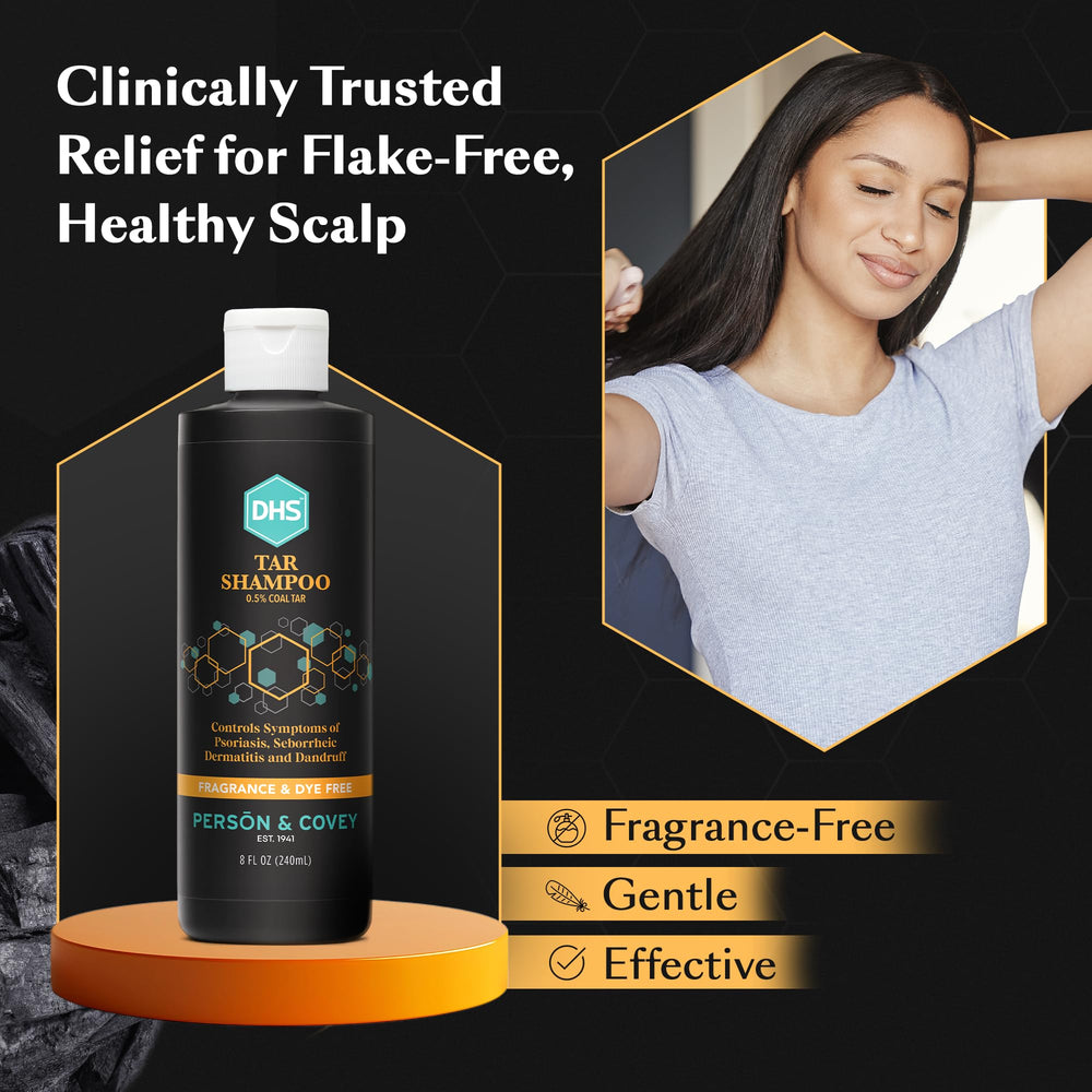 DHS Coal Tar Shampoo triple-pack packaging highlights affordable ongoing dandruff management.