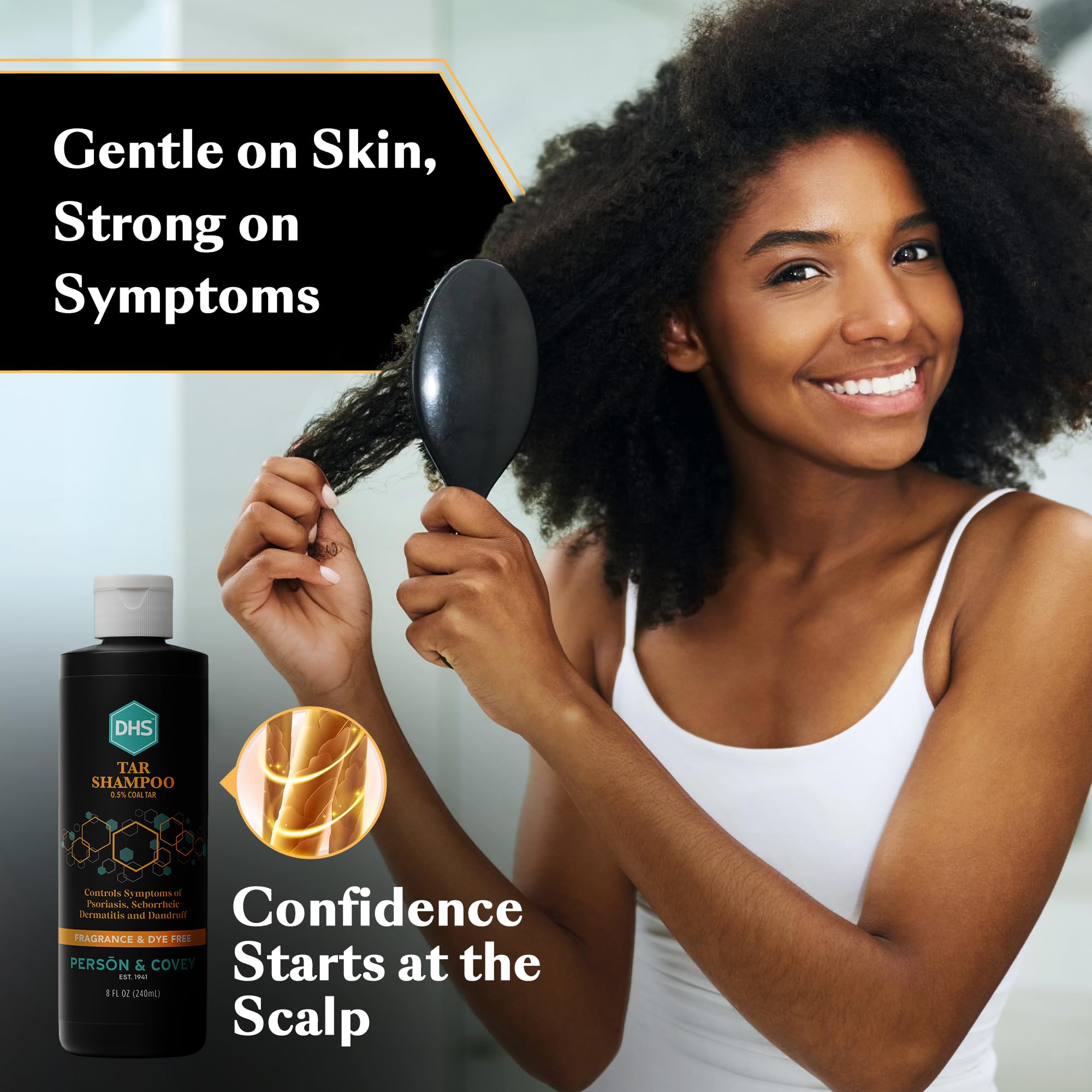 DHS Coal Tar Shampoo ready routine shows unscented scalp care benefits.