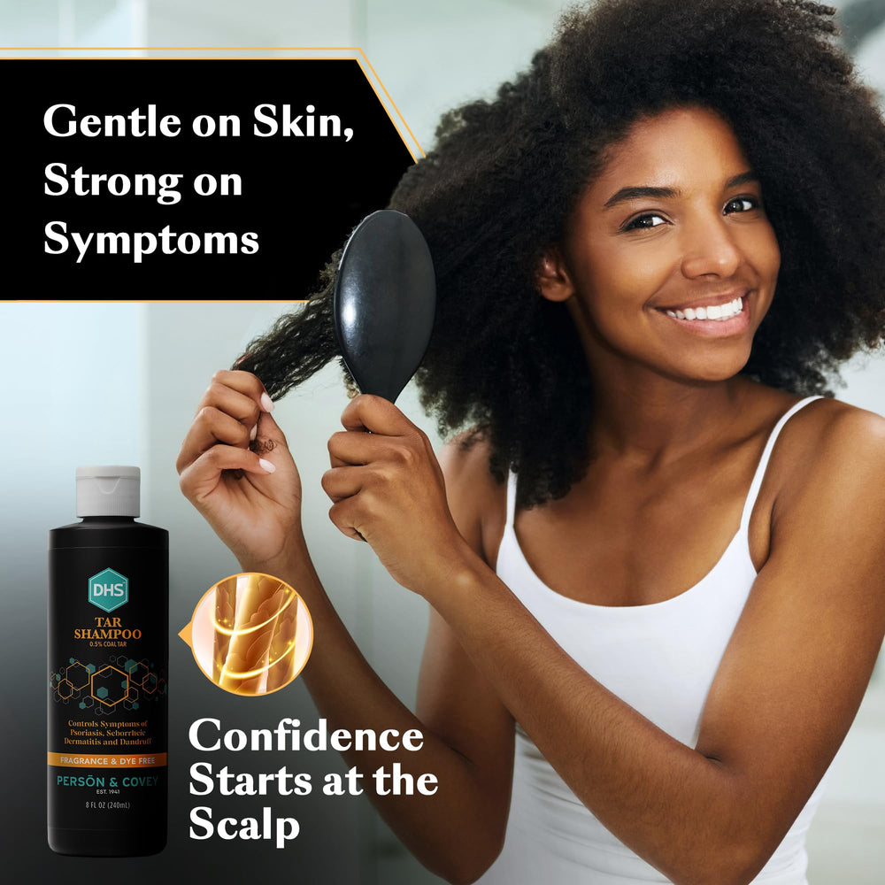 DHS Coal Tar Shampoo ready routine shows unscented scalp care benefits.