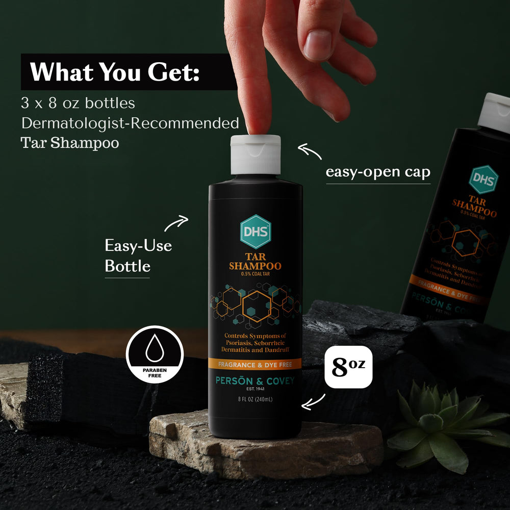 DHS Coal Tar Shampoo top view highlights clean packaging and design.