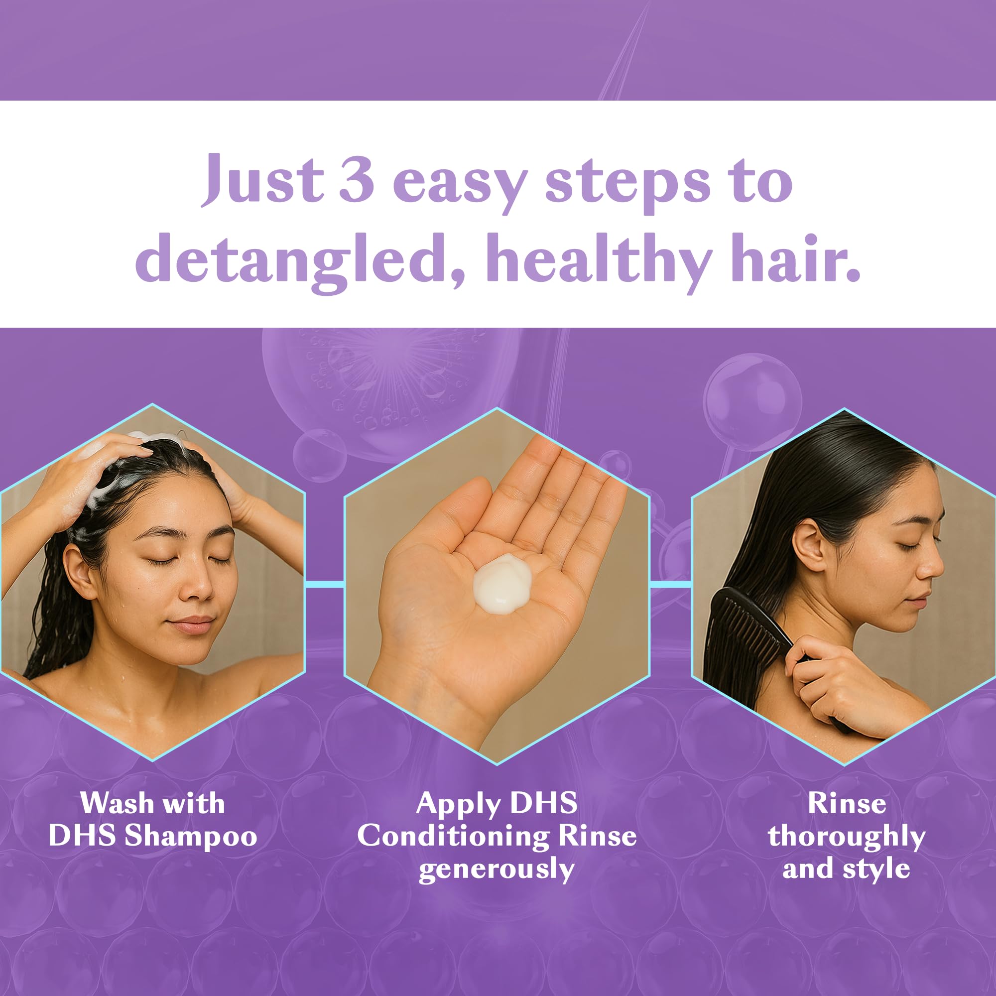 DHS Conditioning Rinse 8-ounce bottle paired with shampoo for daily routine.