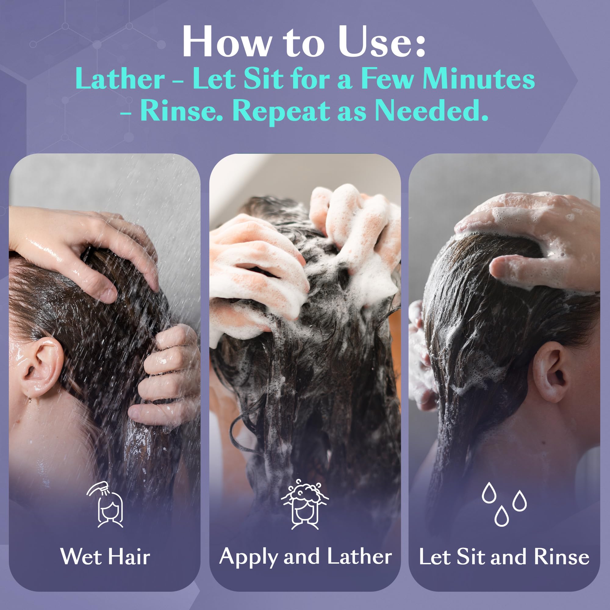 DHS SAL Shampoo being rinsed from wet hair after lathering
