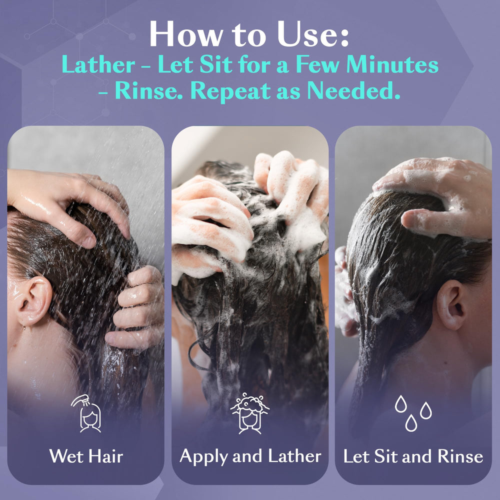 DHS SAL Shampoo being rinsed from wet hair after lathering