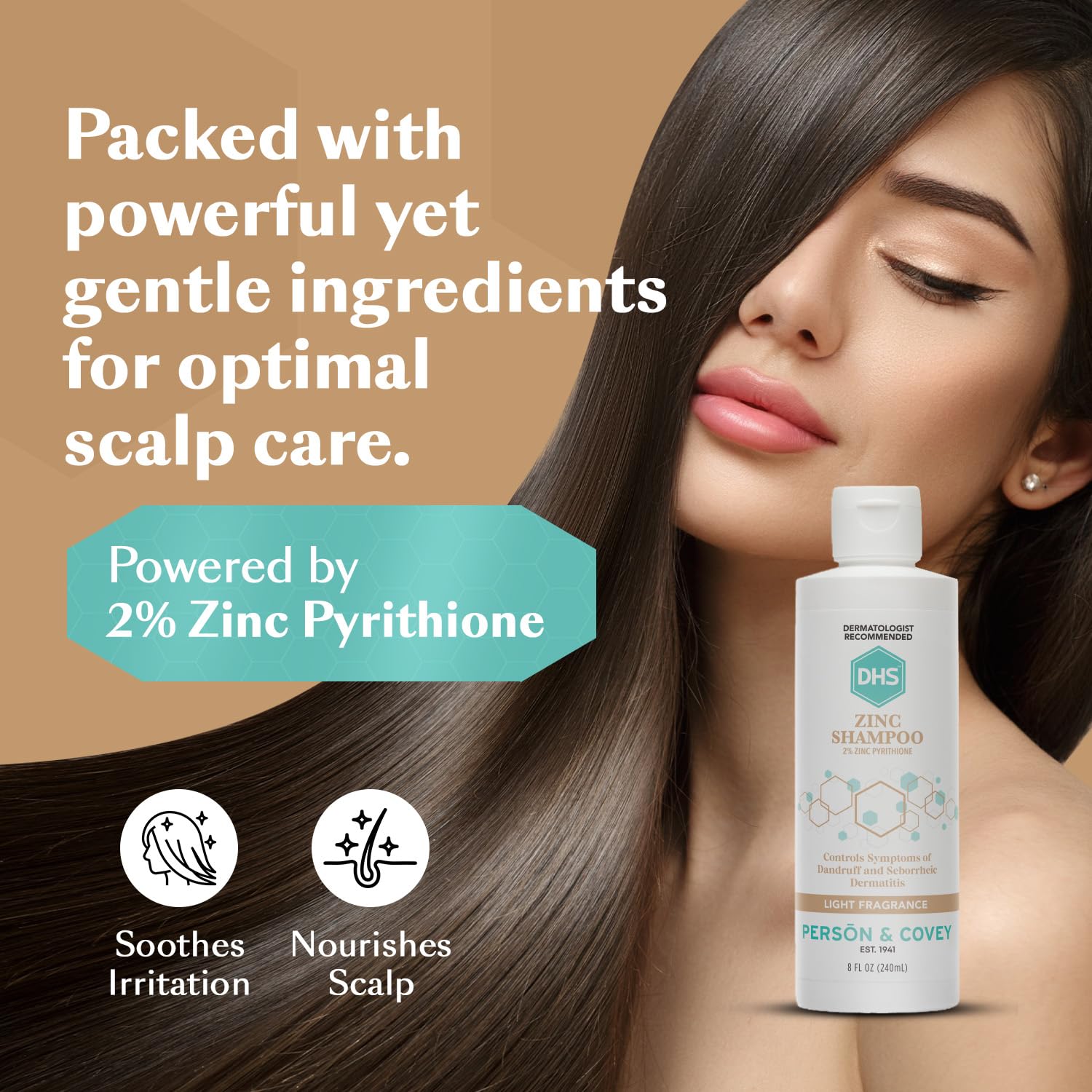DHS Zinc Shampoo after-use hair-shine shot highlights softer, manageable hair.