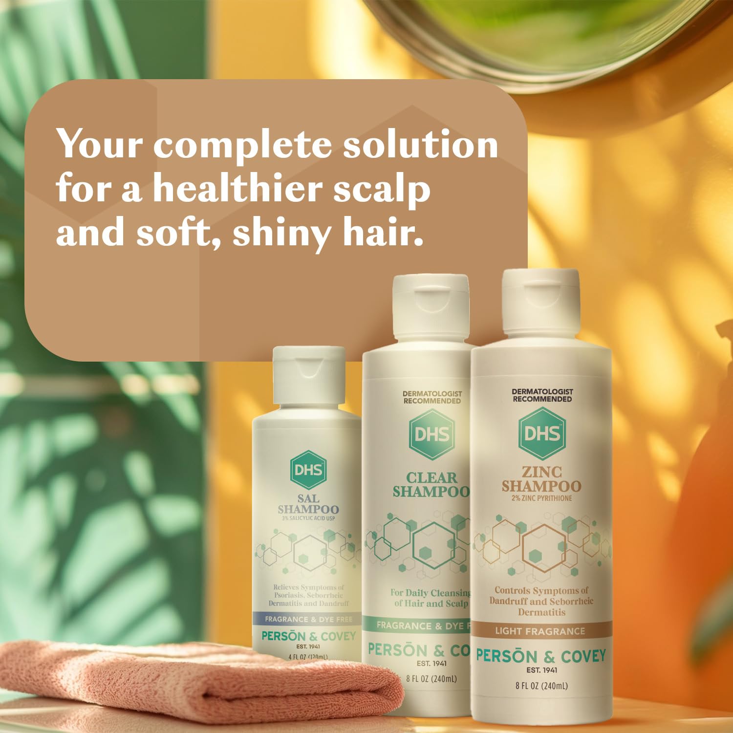 DHS Zinc Shampoo bathroom-setup context emphasizes easy weekly routine.