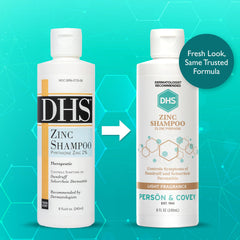 DHS Zinc Shampoo bottle closeup label highlights 2% zinc pyrithione for soothing scalp care.