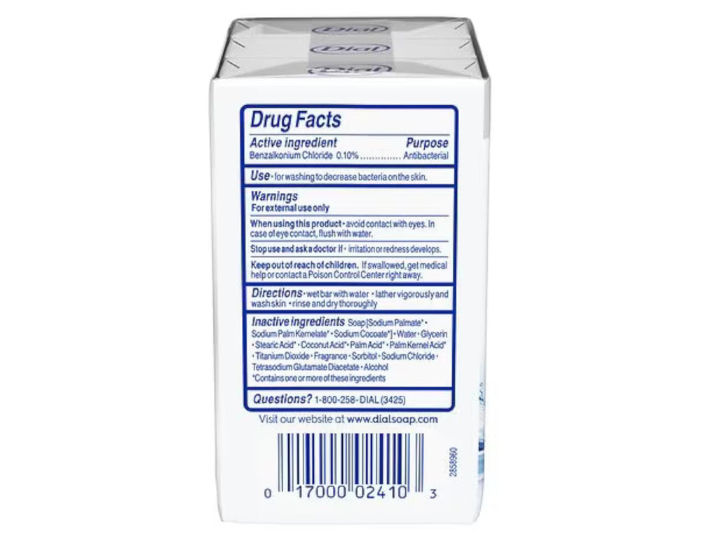 Dial antibacterial bar soap on bathroom shelf for daily cleansing.